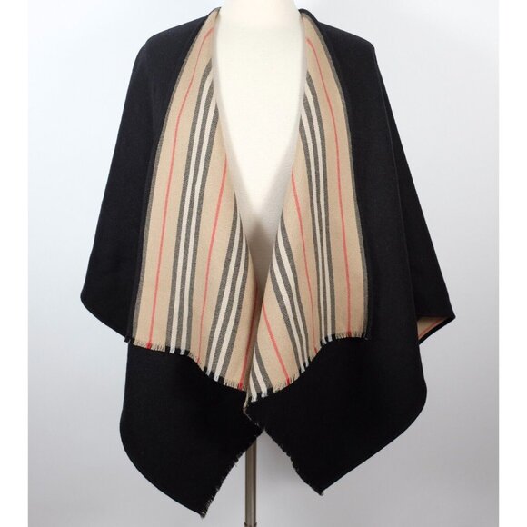New Burberry Icon Stripe cape poncho wool reversible black - Picture 1 of 12